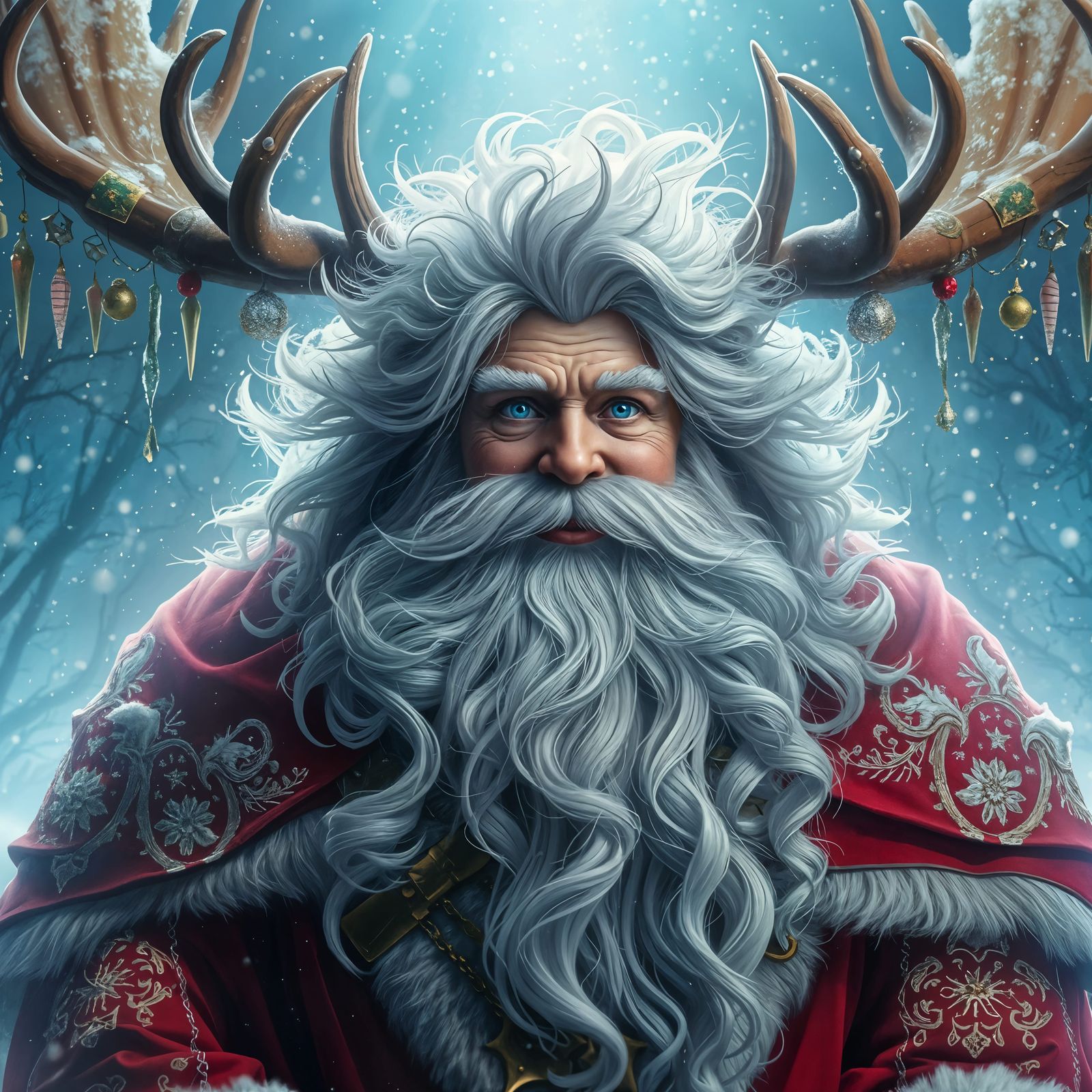 Magical Santa Claus with Antlers in Winter Wonderland
