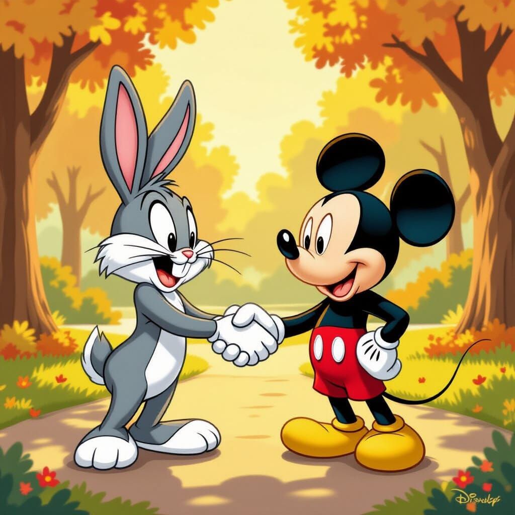 Bugs Bunny and Mickey Mouse Shake Hands in Golden Hour Park