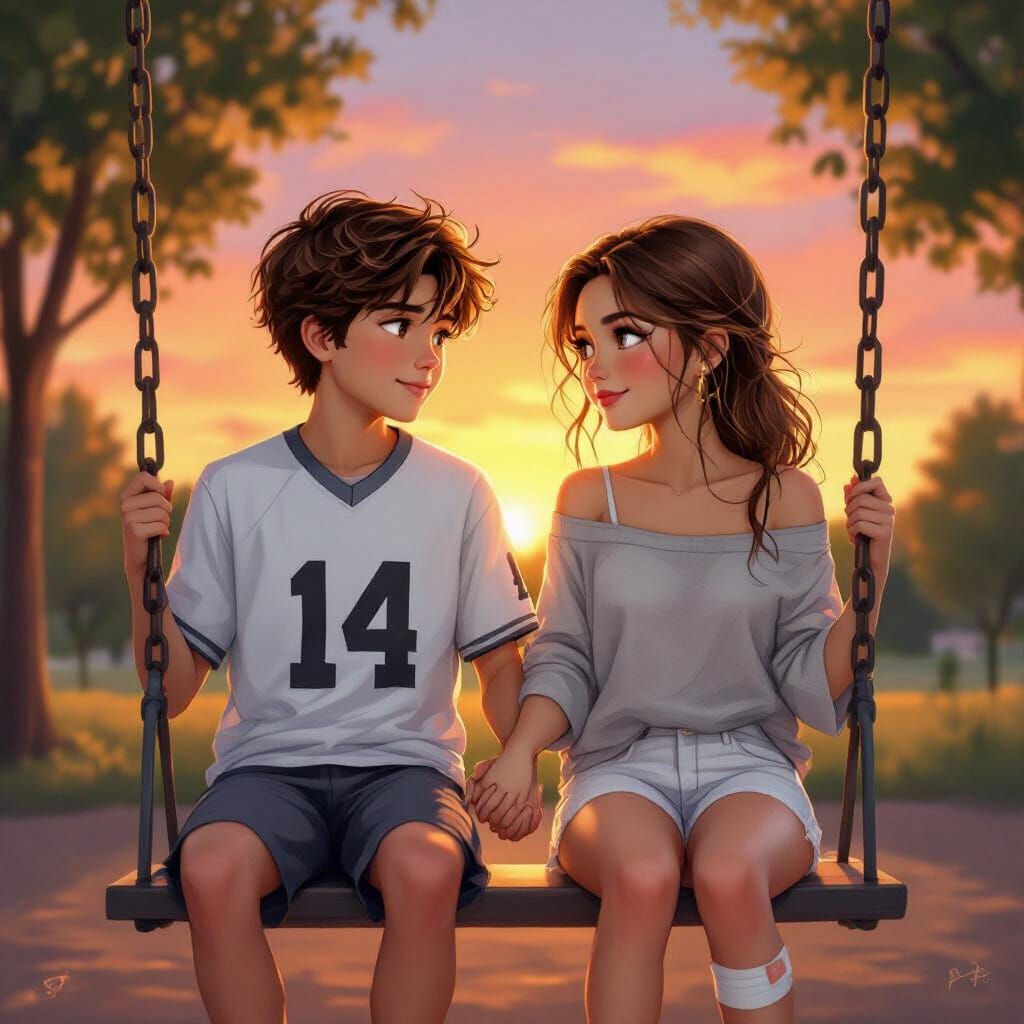 Golden Hour Park Scene: Young Love on Swing Set