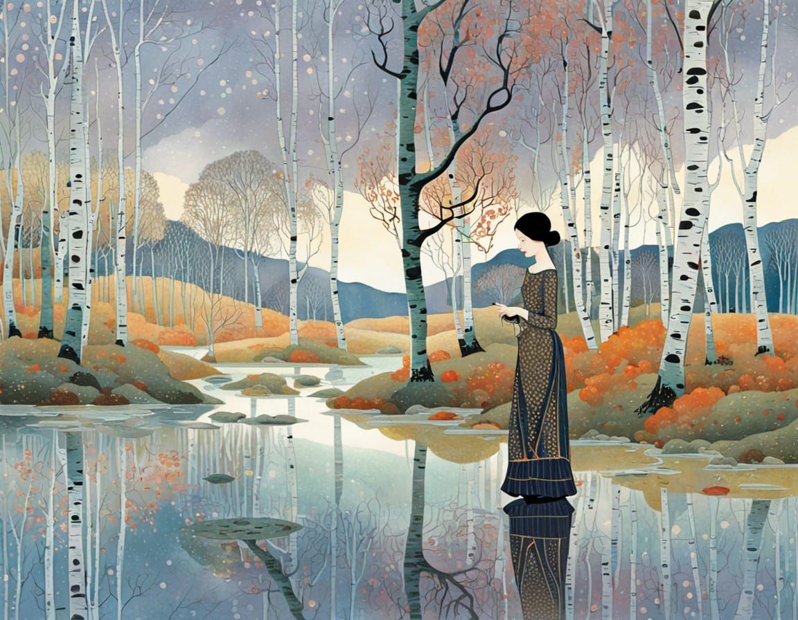 Girl in Birch Forest in Early Spring
