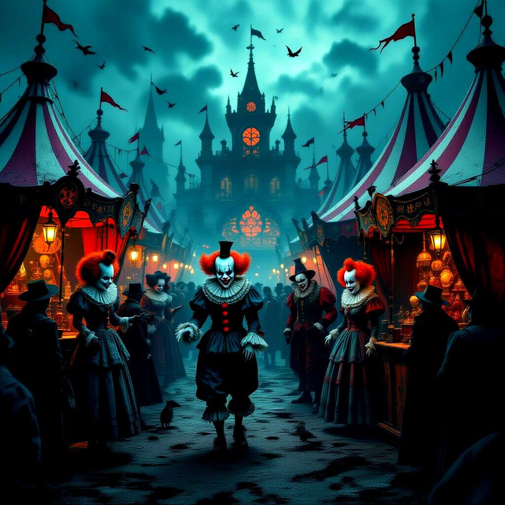 Grotesque Clowns in a Twisted Gothic Carnival
