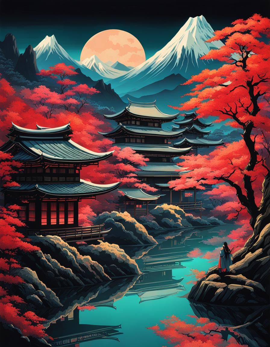 Cyberpunk Samurai in Japanese Hot Springs Art