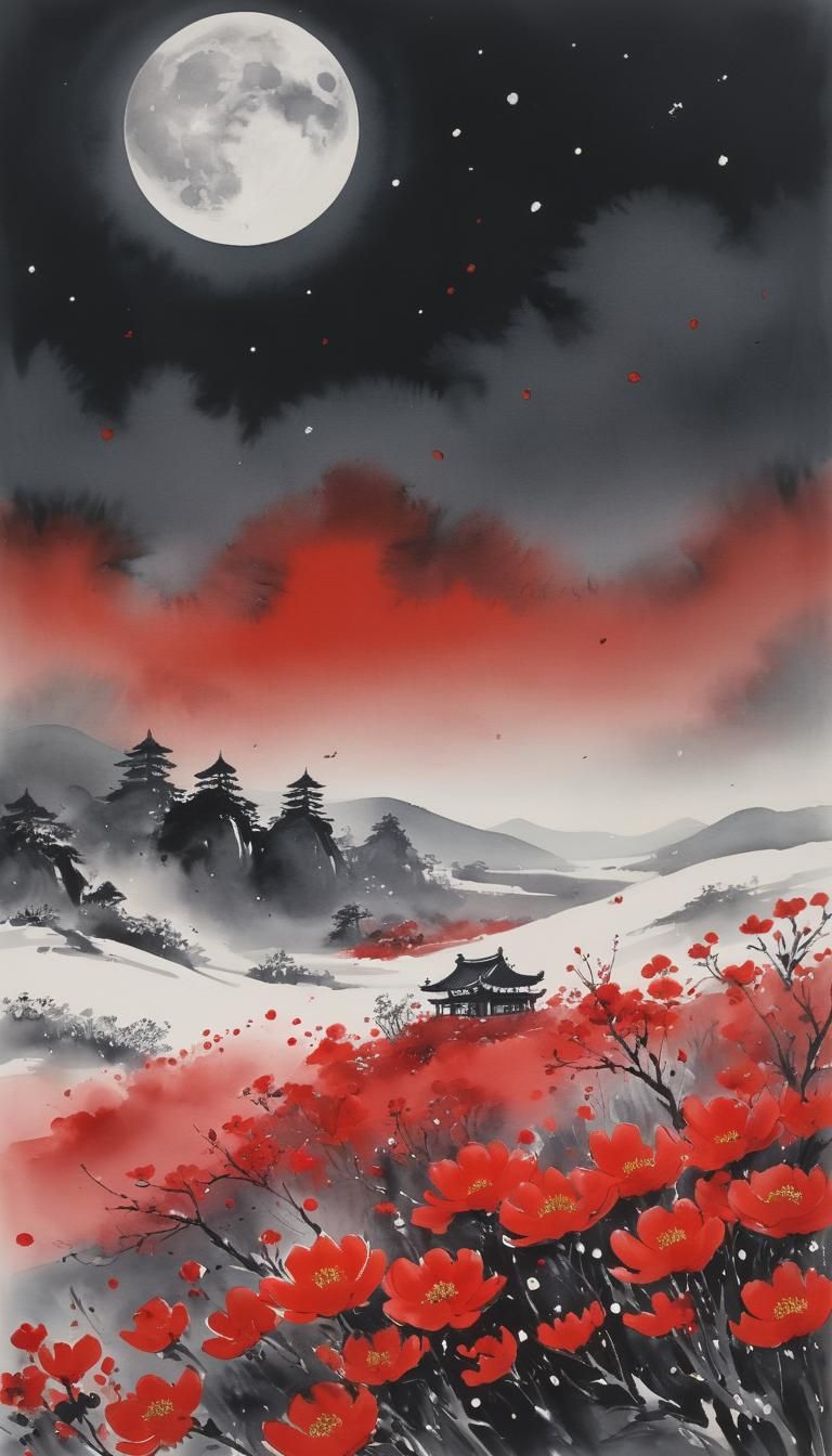 Chinese Ink Painting of Windy Night with Snow