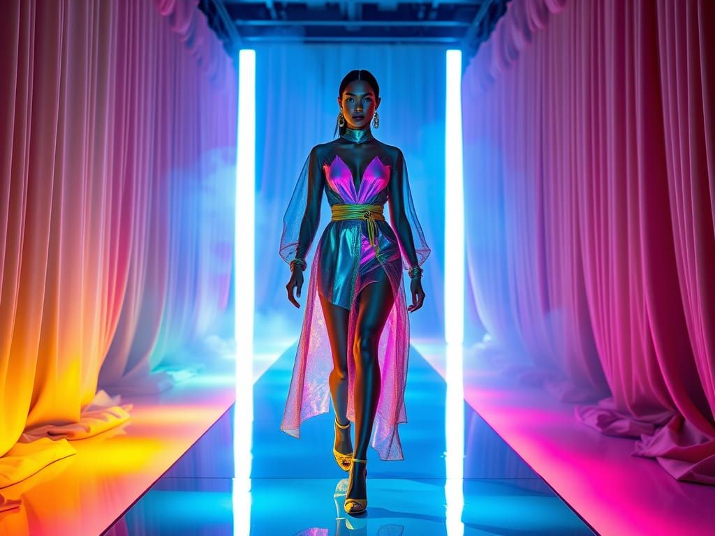 A beautiful futuristic styled model on the neon lit catwalk, wearing neon lit clothing that is glowing bright magical co...