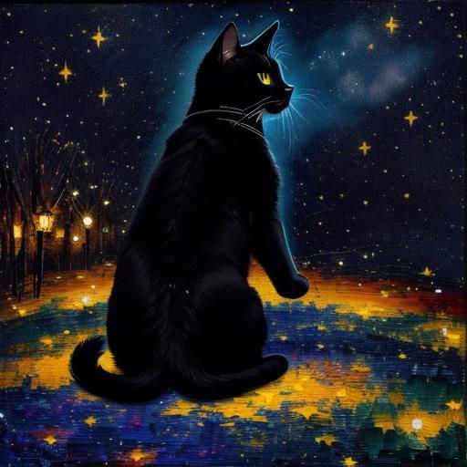 Black Cat Gazing at Starry Sky, Neo-Impressionist Painting