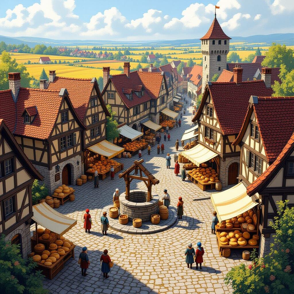 Bustling Medieval City Market Square Illustration