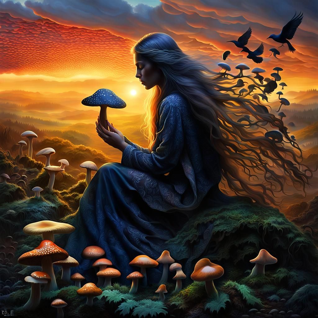 Mystical Bird-Mushroom Hybrid in Dreamlike Collage