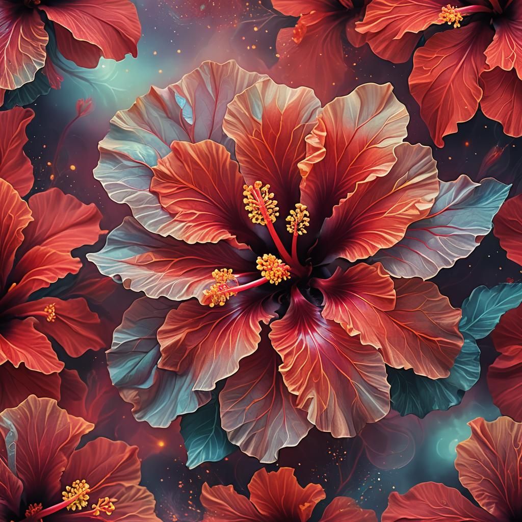 Cosmic Hibiscus Flower in Holographic Mixed Media Art