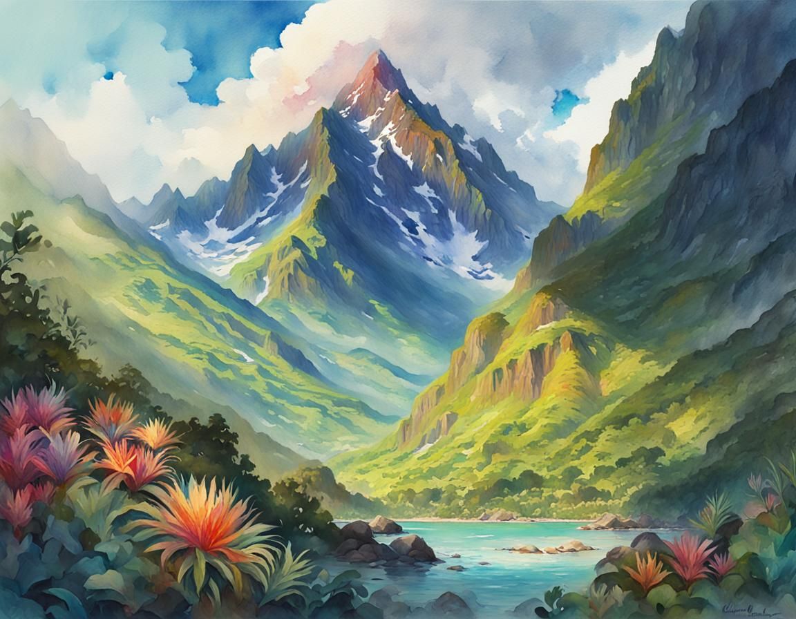 Watercolor Mountain Moorea Inspired by Impressionism