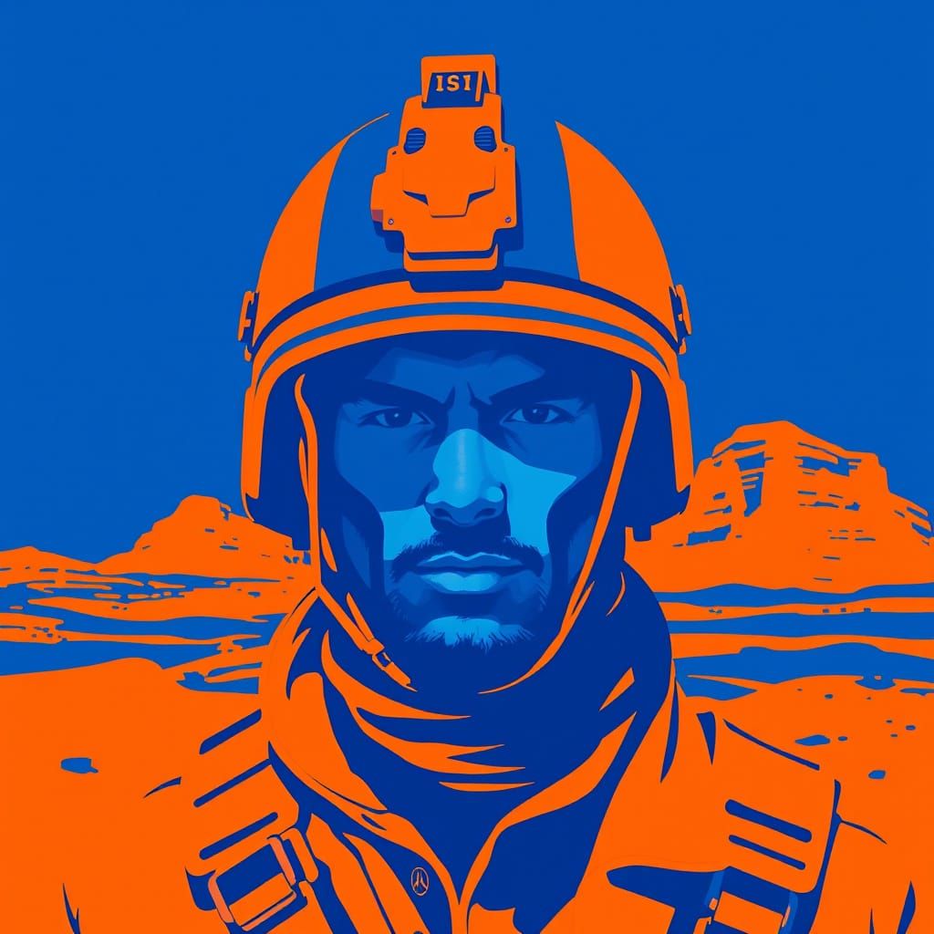 Surreal Desert Warrior in Vibrant Blue and Orange Stencil Ar...