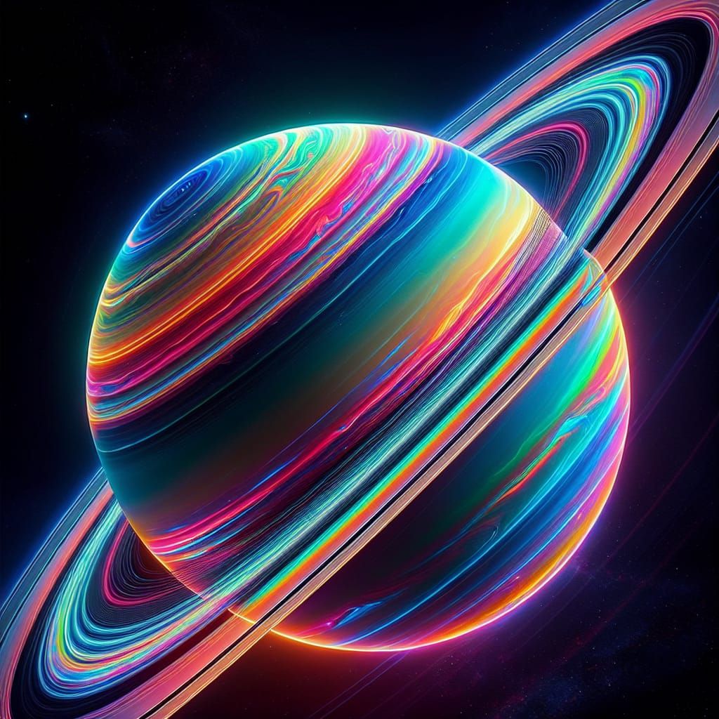 Neon Rainbow Saturn Rings in Psychedelic Style