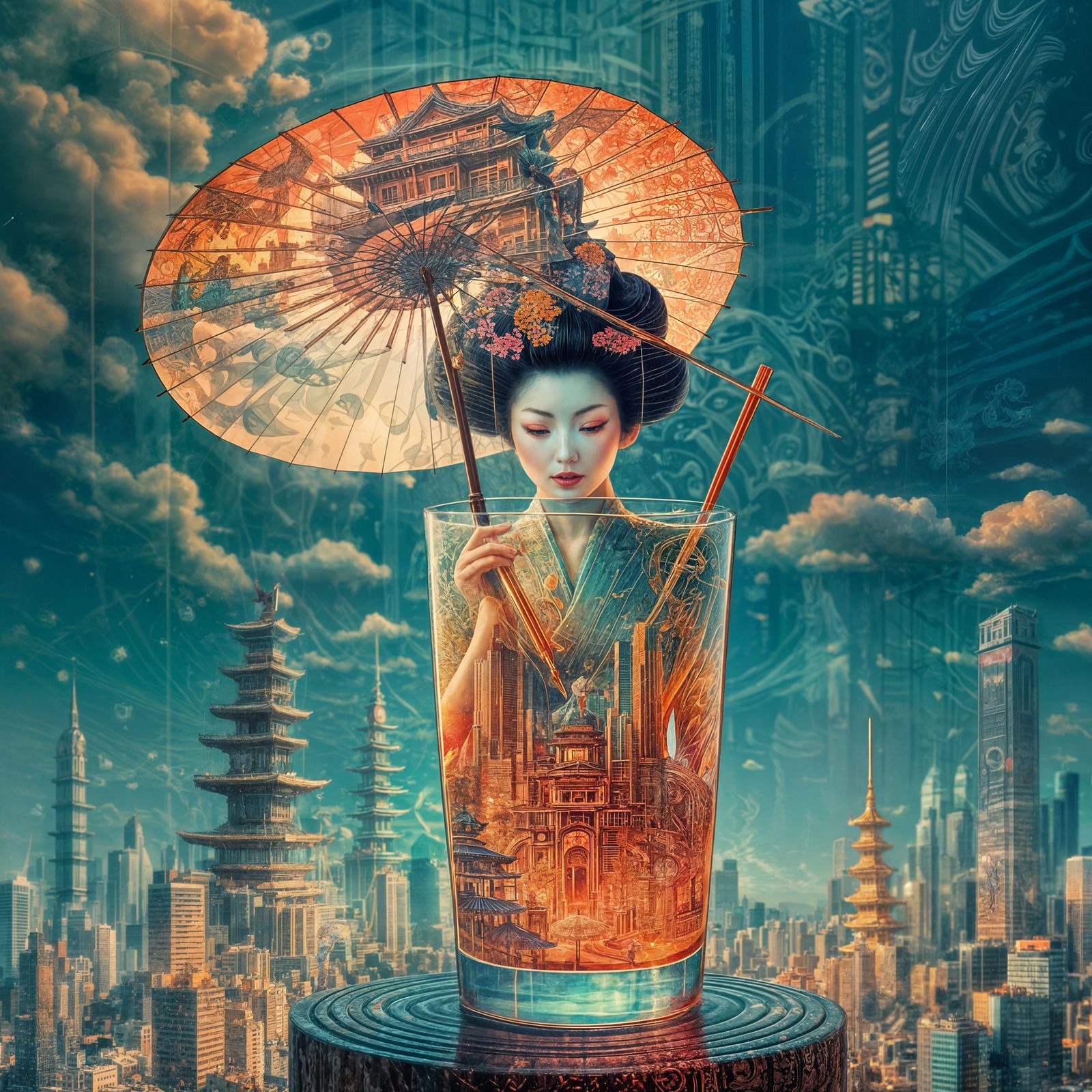 Surreal Geisha Cocktail: A Digital Art Poster