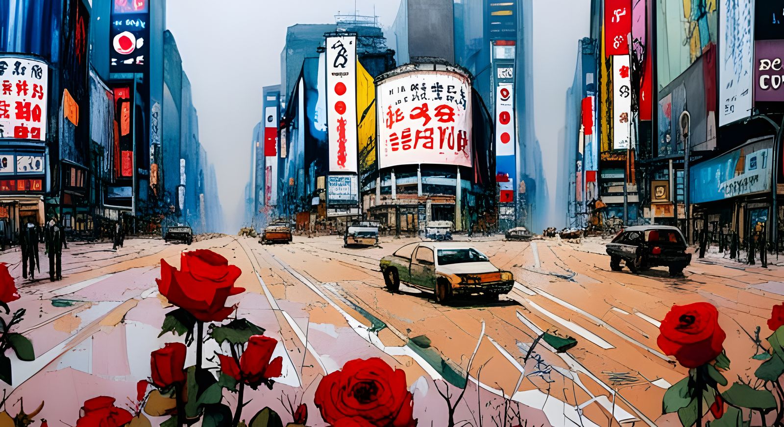 Post-Apocalyptic City of Billboards in Mixed Media