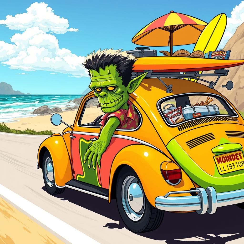 Teenage Frankenstein's Monster Cruises the Pacific Coast Hig...
