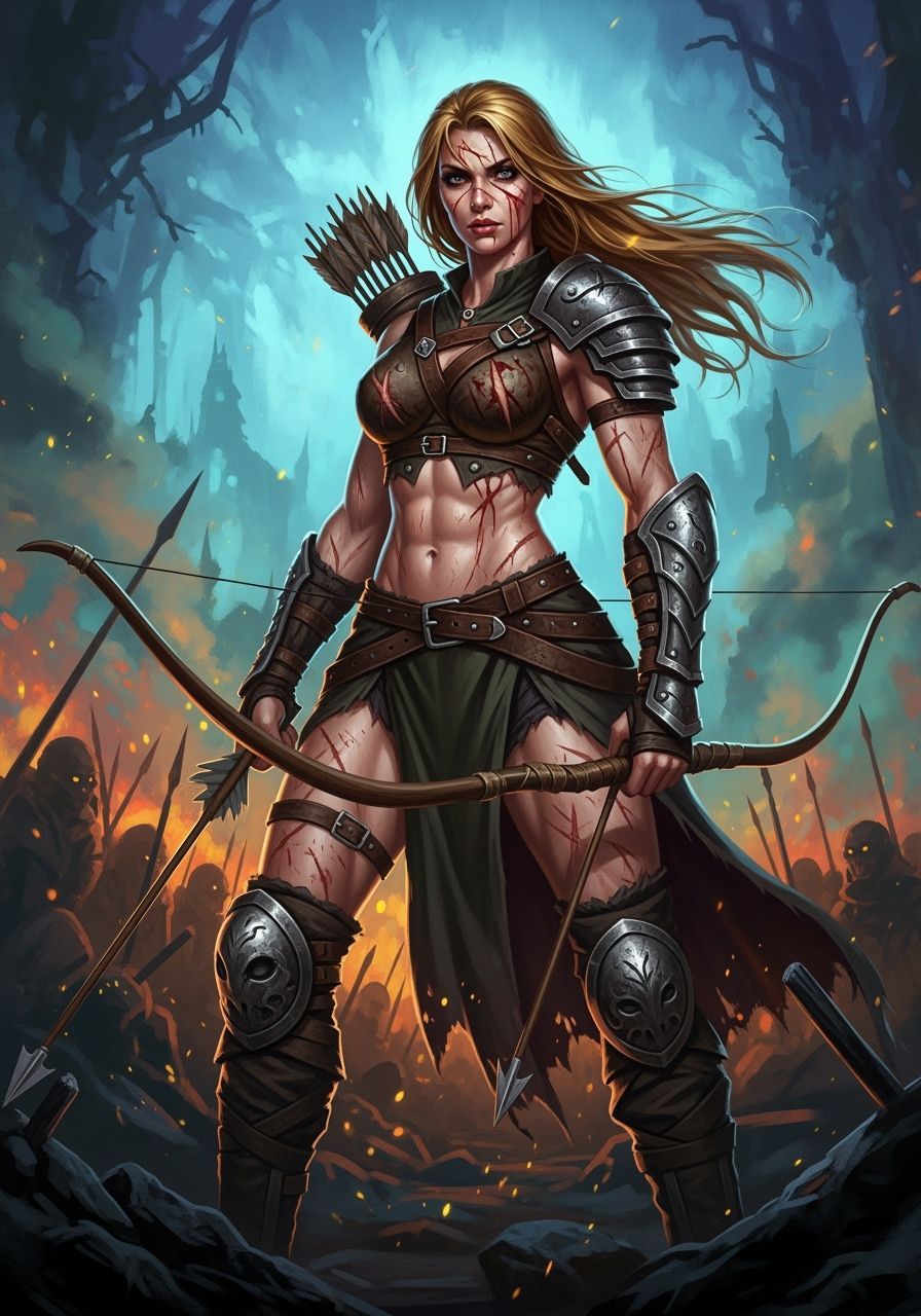 Battle-Scarred Female Warrior with Longbow on Battlefield