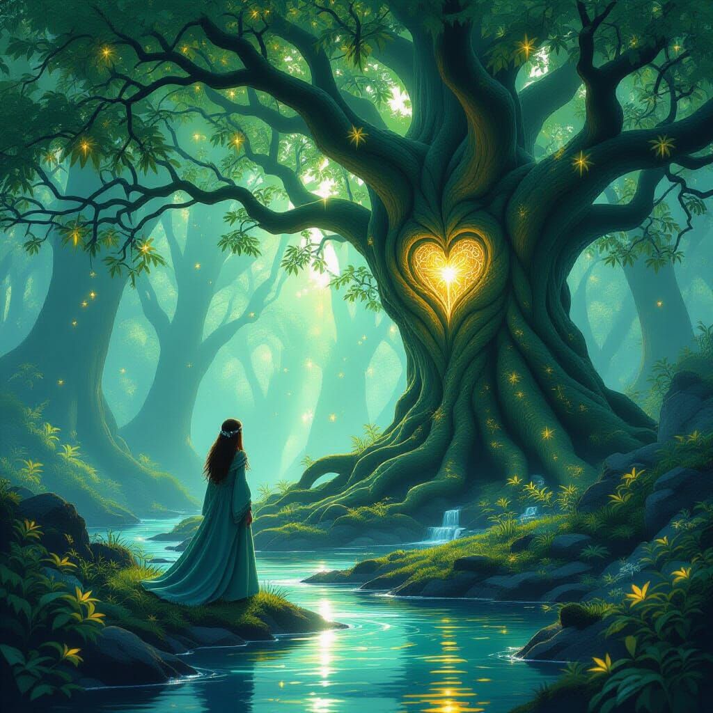 Ethereal Elf in Bioluminescent Grove, Mystical Landscape