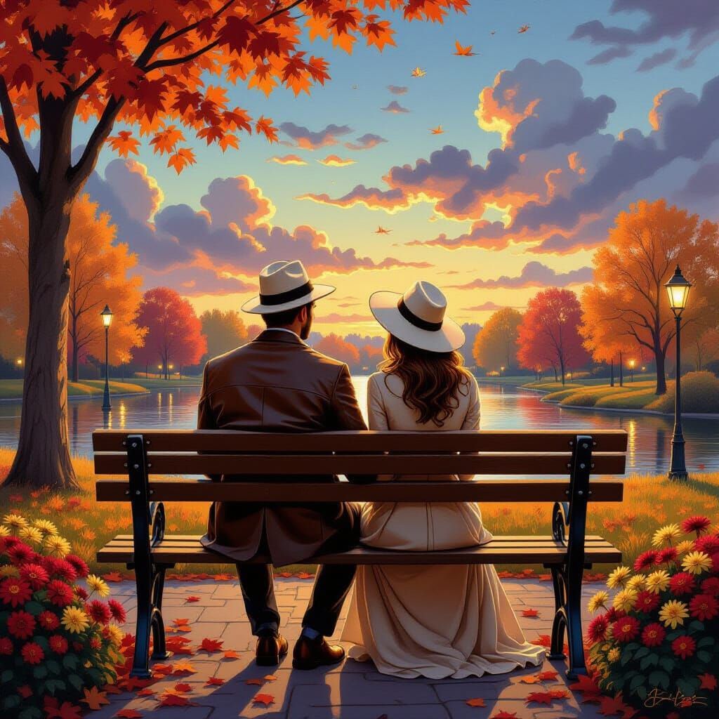 Romantic Autumn Evening Couple on Bench