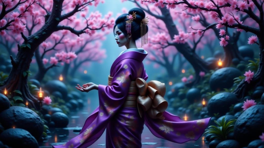 Geisha in Bioluminescent Forest
