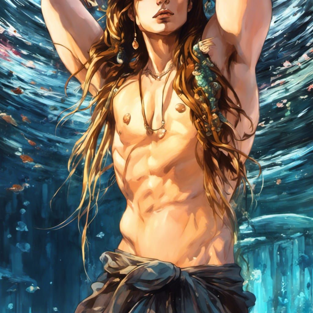 Merman with Braids in Art Nouveau Style