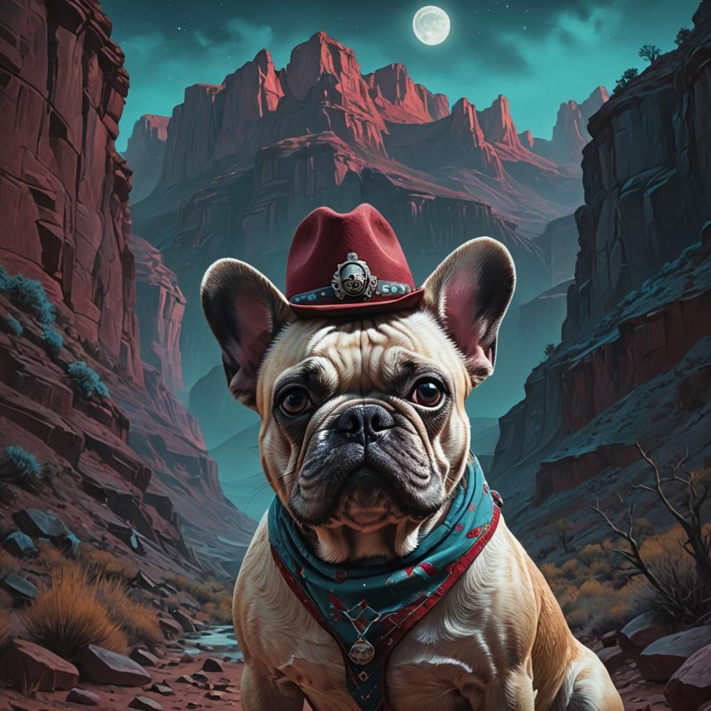 French Bulldog Cowboy in Mystical Western Canyon
