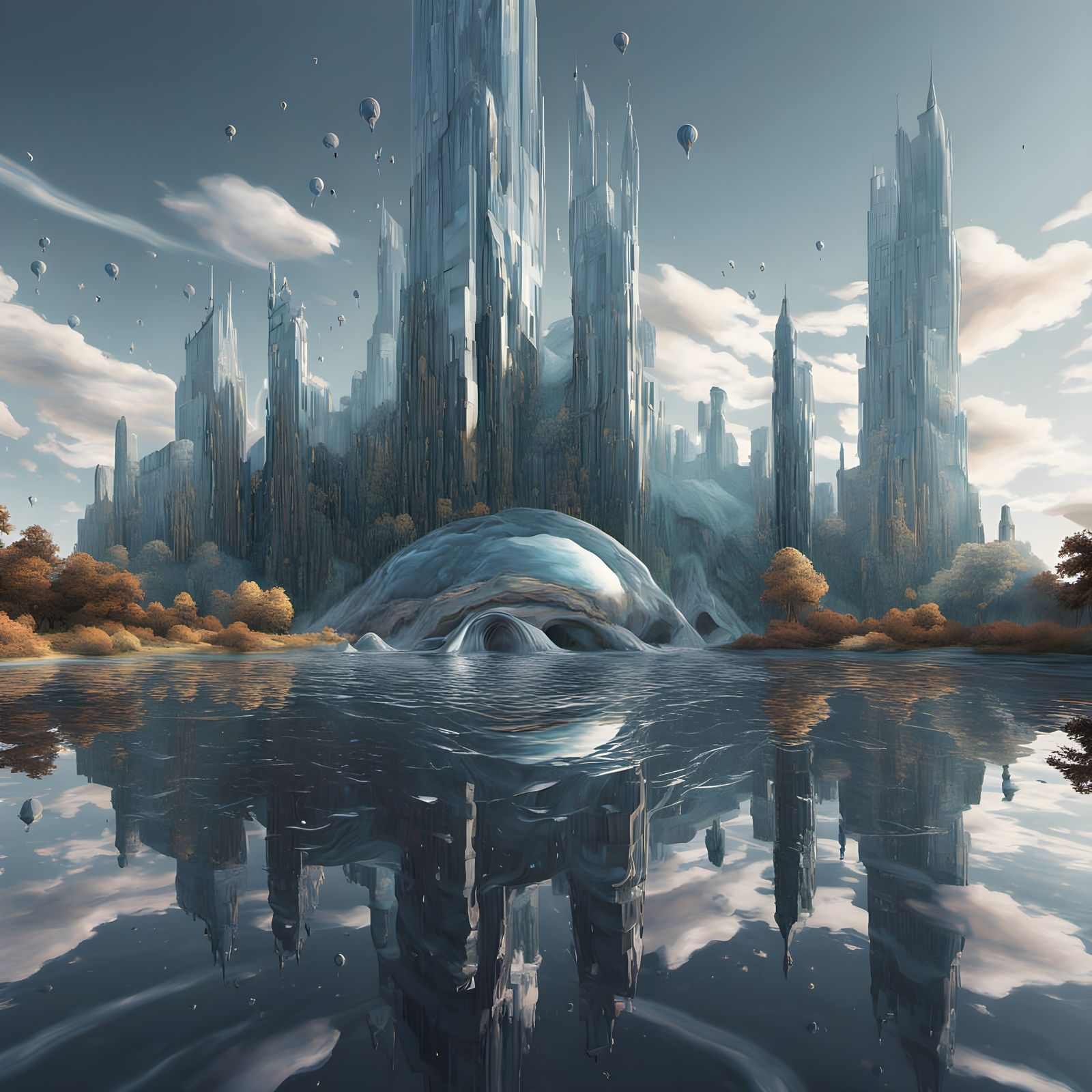 Liquid World City with Transparent Whales and Dripping Sky