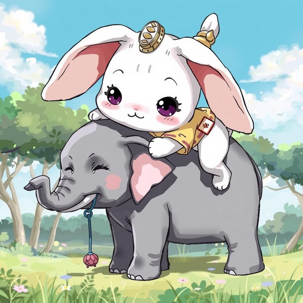 Chibi Rabbit Rides Elephant in Anime Style