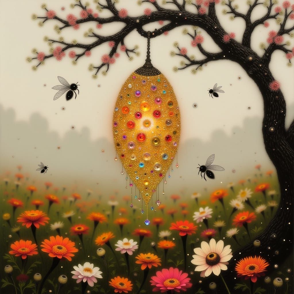 Crystal-Encrusted Beehive Suspended from a Delicate Tree Bra...