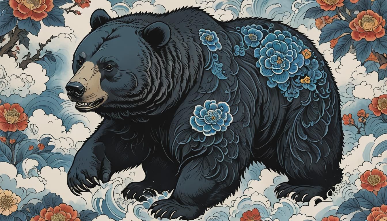 Irezumi Style Black Bear with Blue Fur
