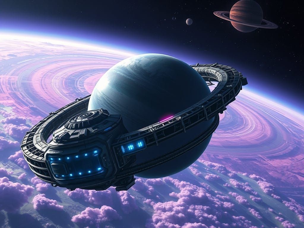Futuristic Space Ring Station in a Dazzling Alien World