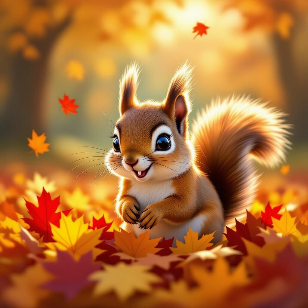 Cute Squirrel Joyfully Plays in Autumn Leaves