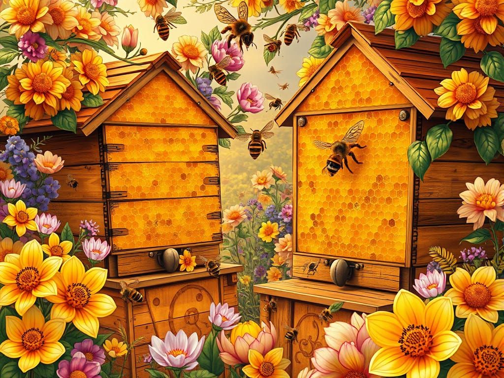 Lush Beehives in Art Nouveau Style