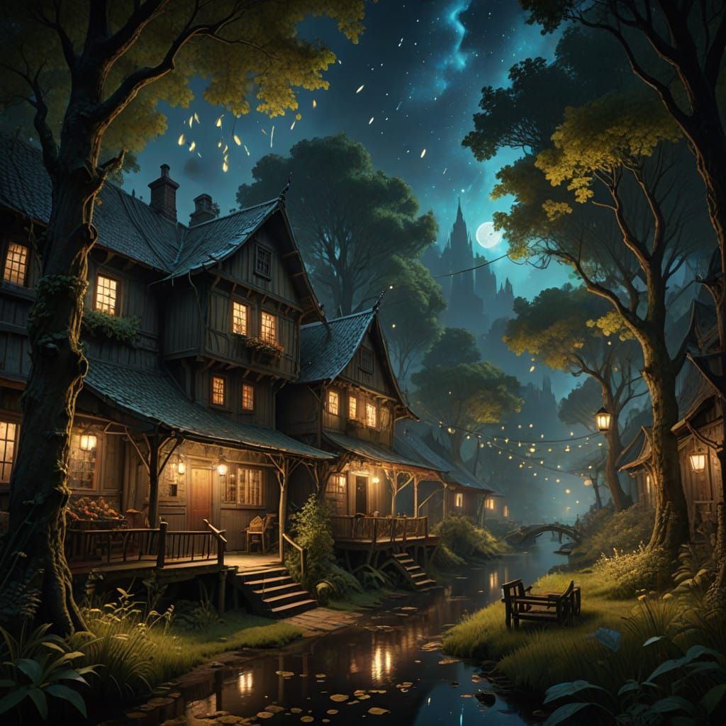 Surreal Fantasy World Illuminated by Soft Firefly Glow in Ch...