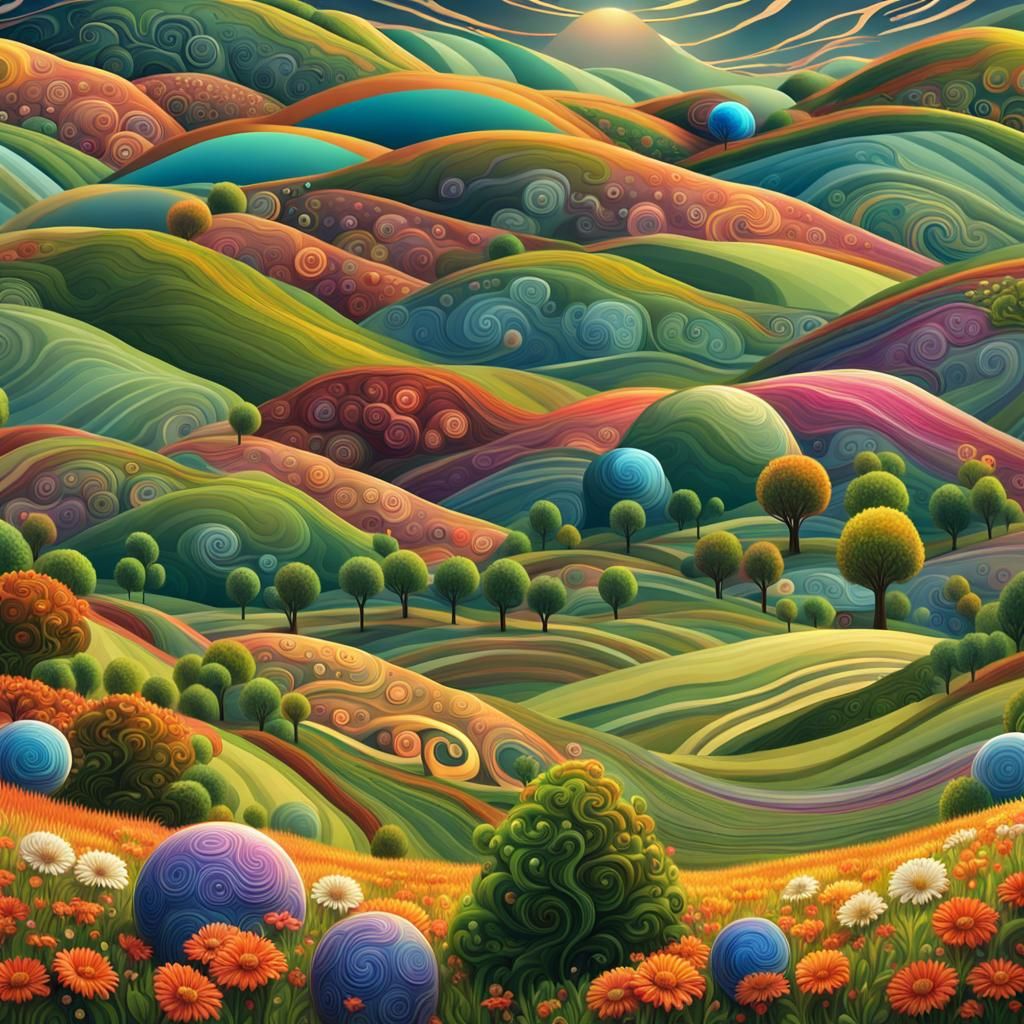 Vibrant Fantasy Landscape with Colorful Orbs