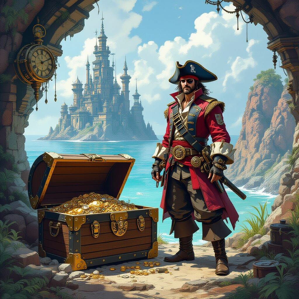Steampunk Pirate on Island of Clockwork Wonders