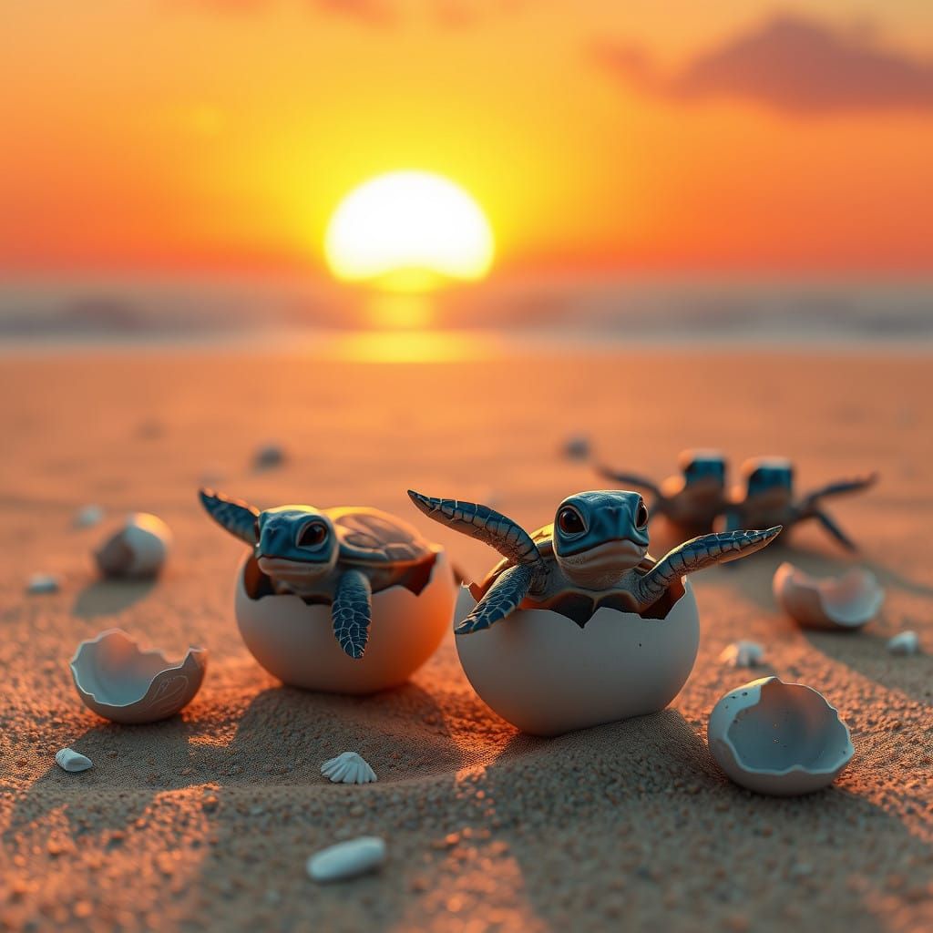 Baby Turtles Hatch in Vibrant Sunset Scene