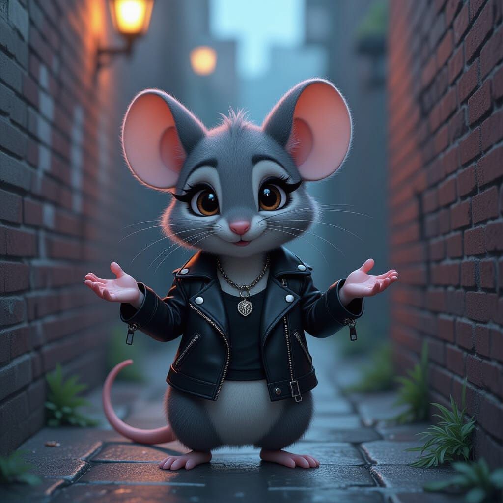 Goth Mouse Shrugs in Dimly Lit Alleyway