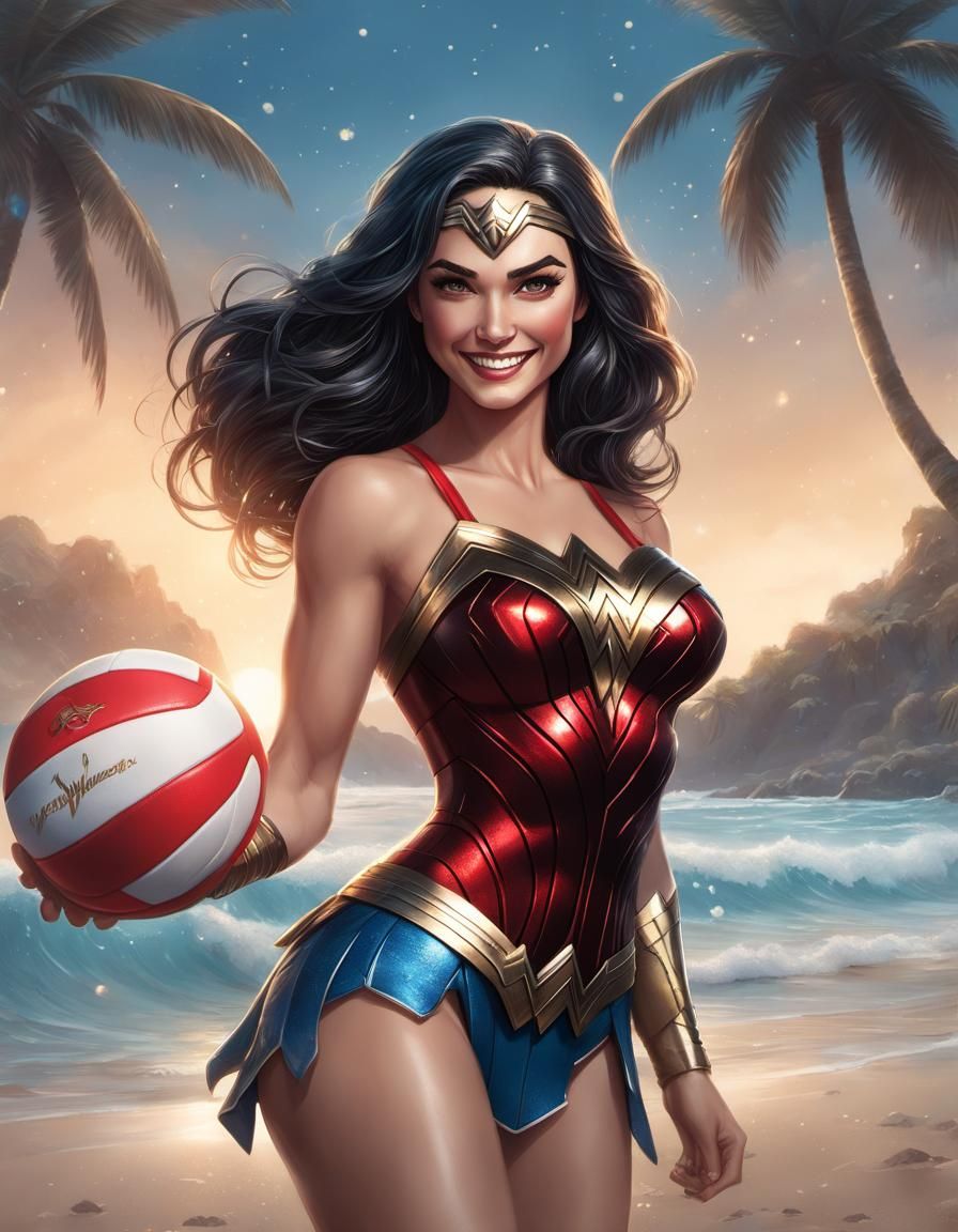 Wonder Woman playing beach volley