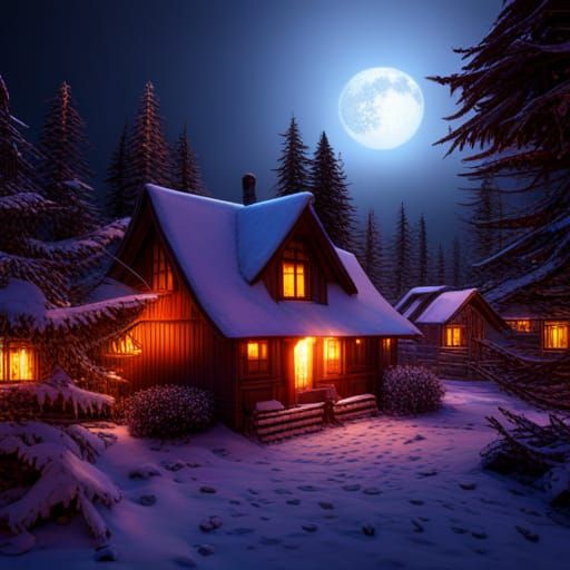Glittering Snowfall Under Moonlight: Photorealistic Night Sc...