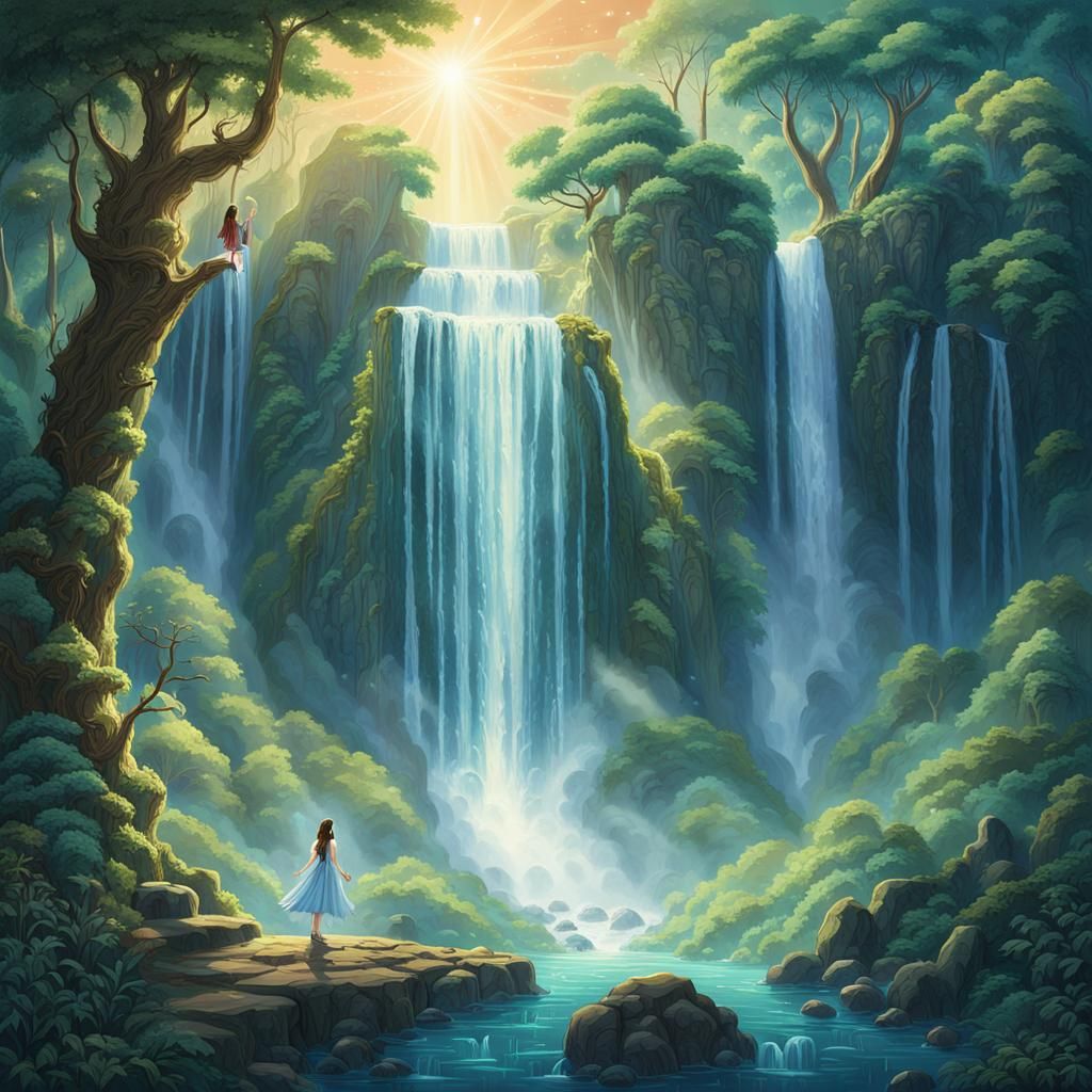 Fantasy Landscape with Fairy and Crystal Waterfall