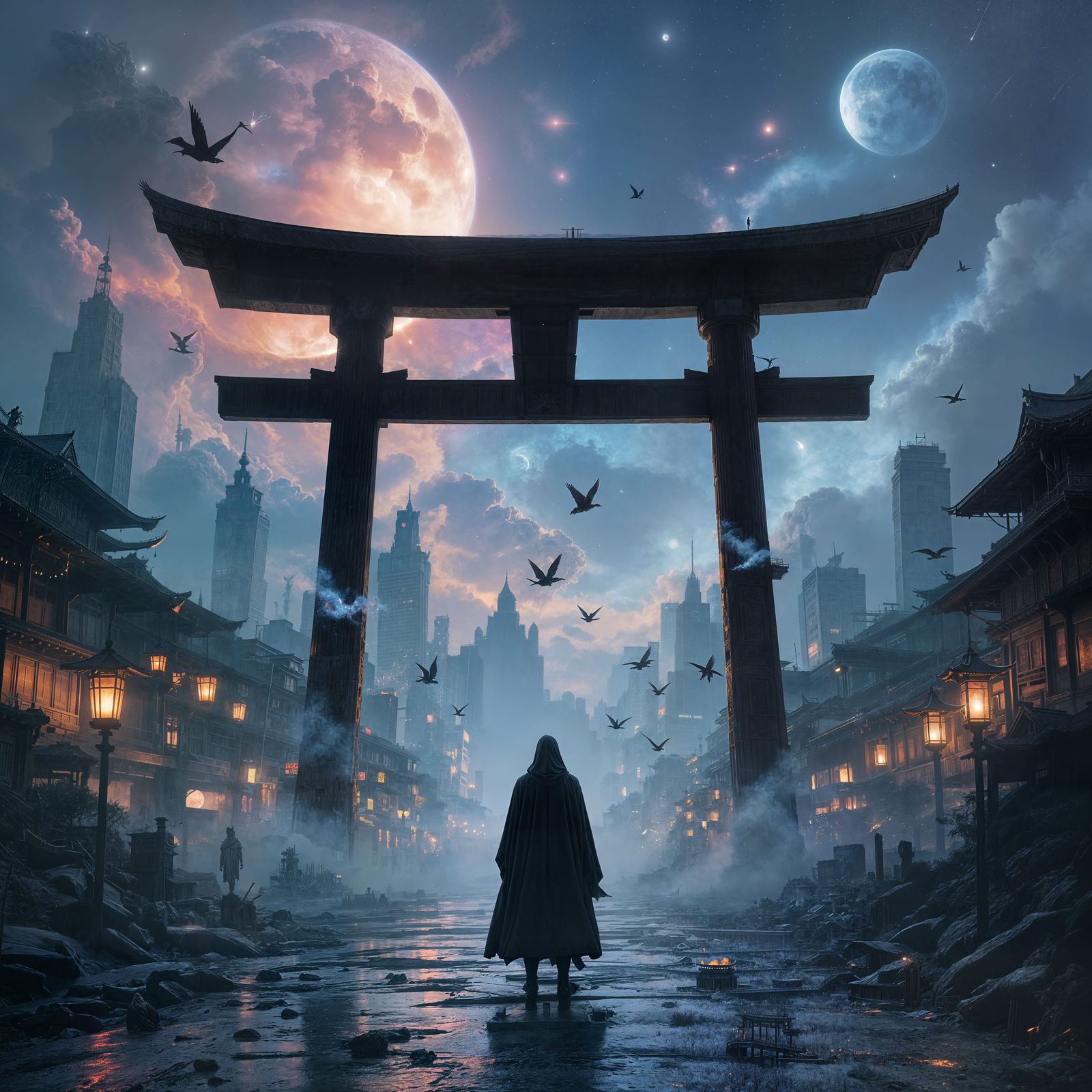 Surreal Torii Gate Between Worlds with Paper Cranes