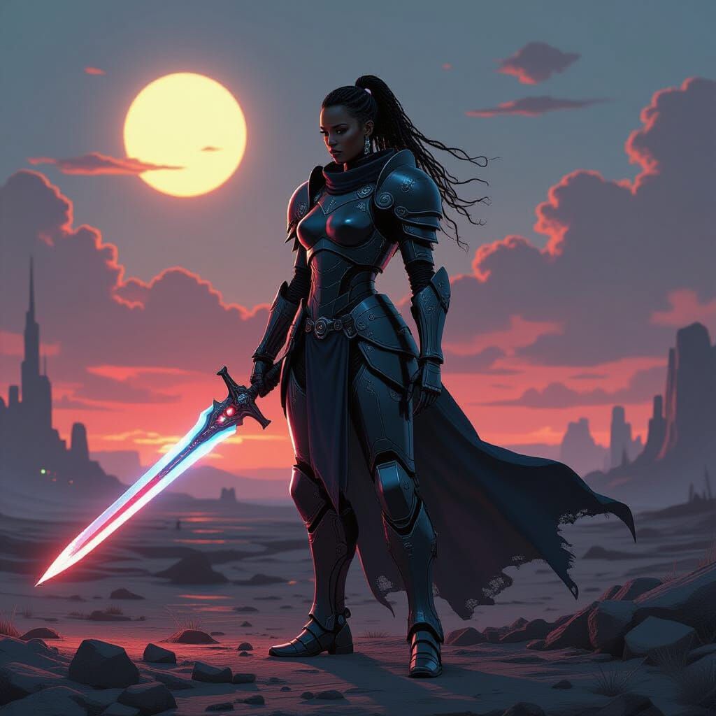 Futuristic Cyborg Knight on Battlefield as Sci-Fi Concept Ar...