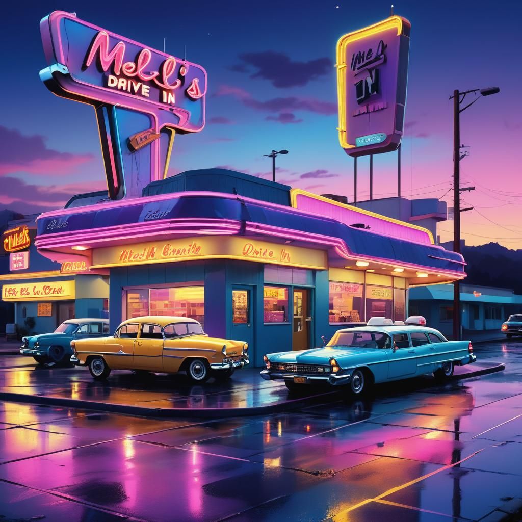 Mel's Drive-In: Retro-Futuristic Neon Illustration