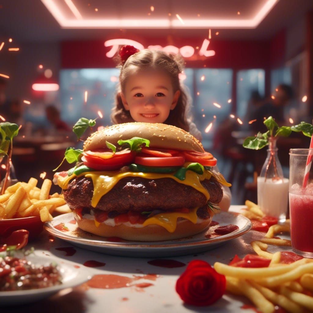 Giant Hamburger Princess Overlooking Neon City