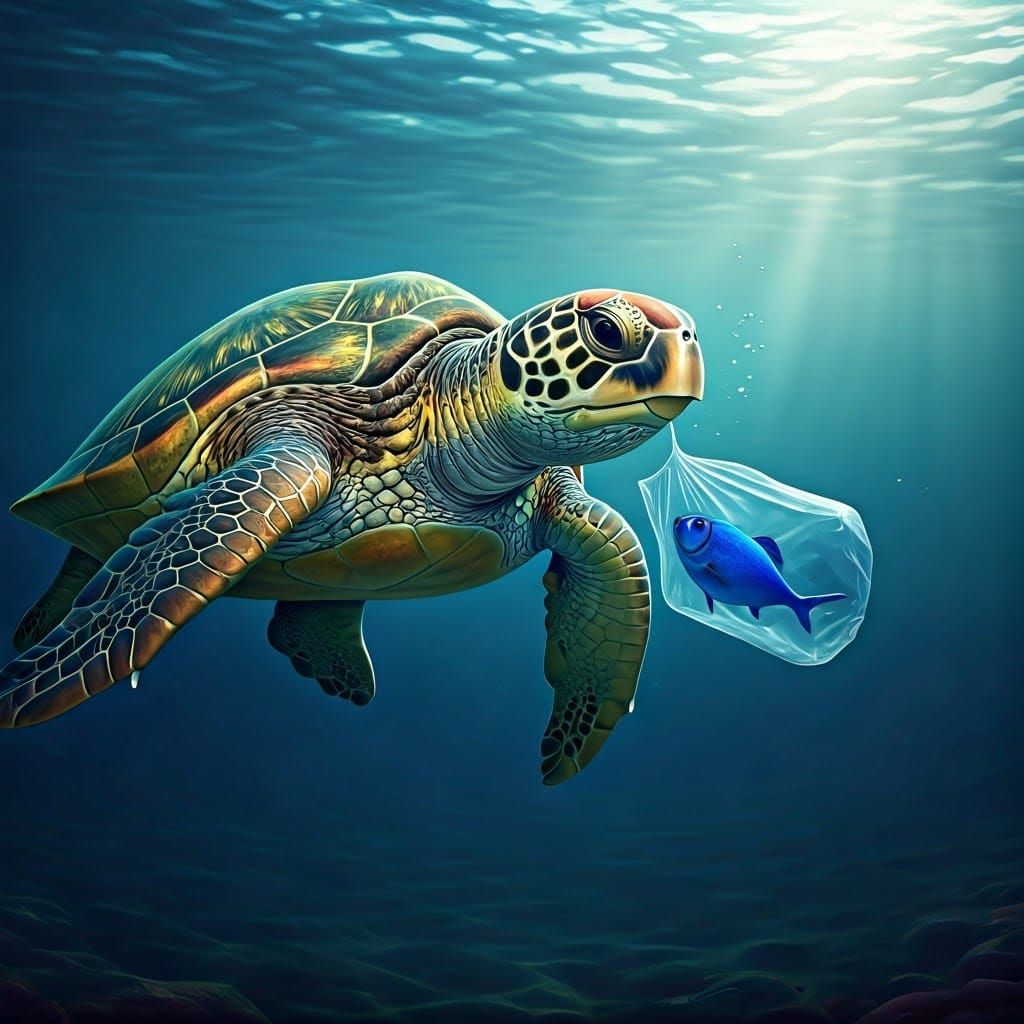 Sea Turtle Rescues Fish: Surreal Digital Art