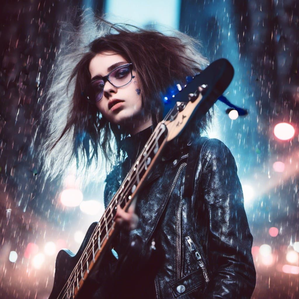 Teen Rocker Battles Alien Invasion in Cityscape