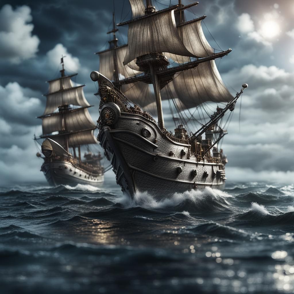 Silver Pirate Fleet on the Ocean: Digital Art