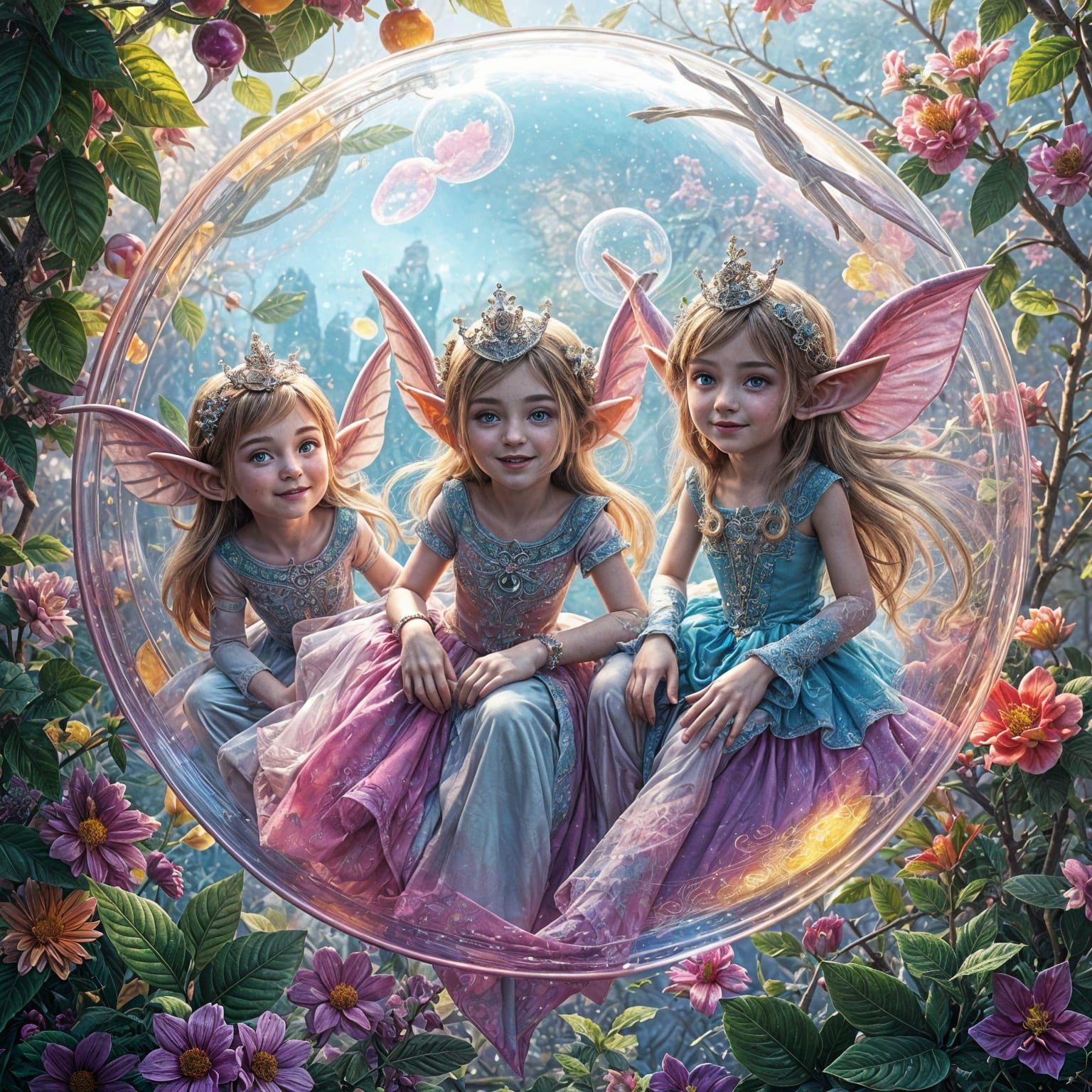 Colorful Bubbles Containing Elves in Hyperrealistic Style