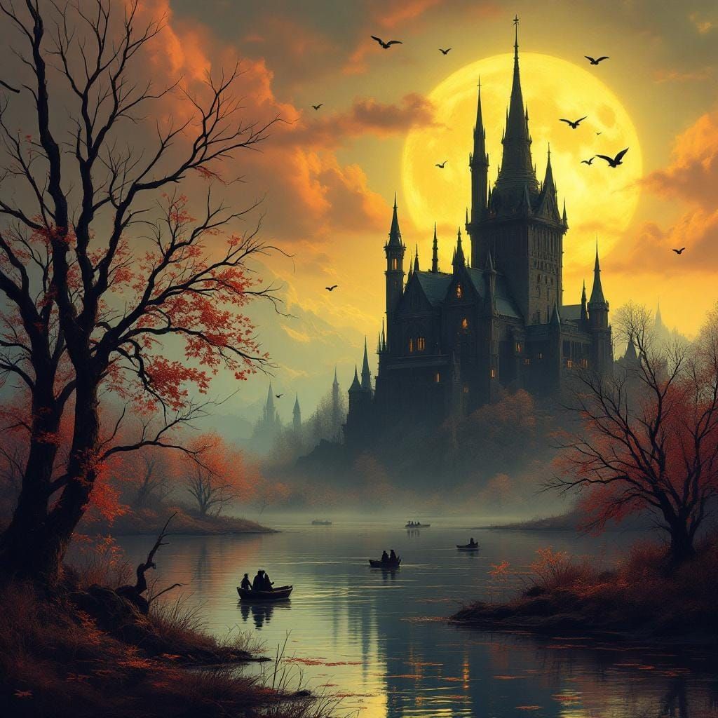 Gothic Castle by Lake Under Autumn Moon