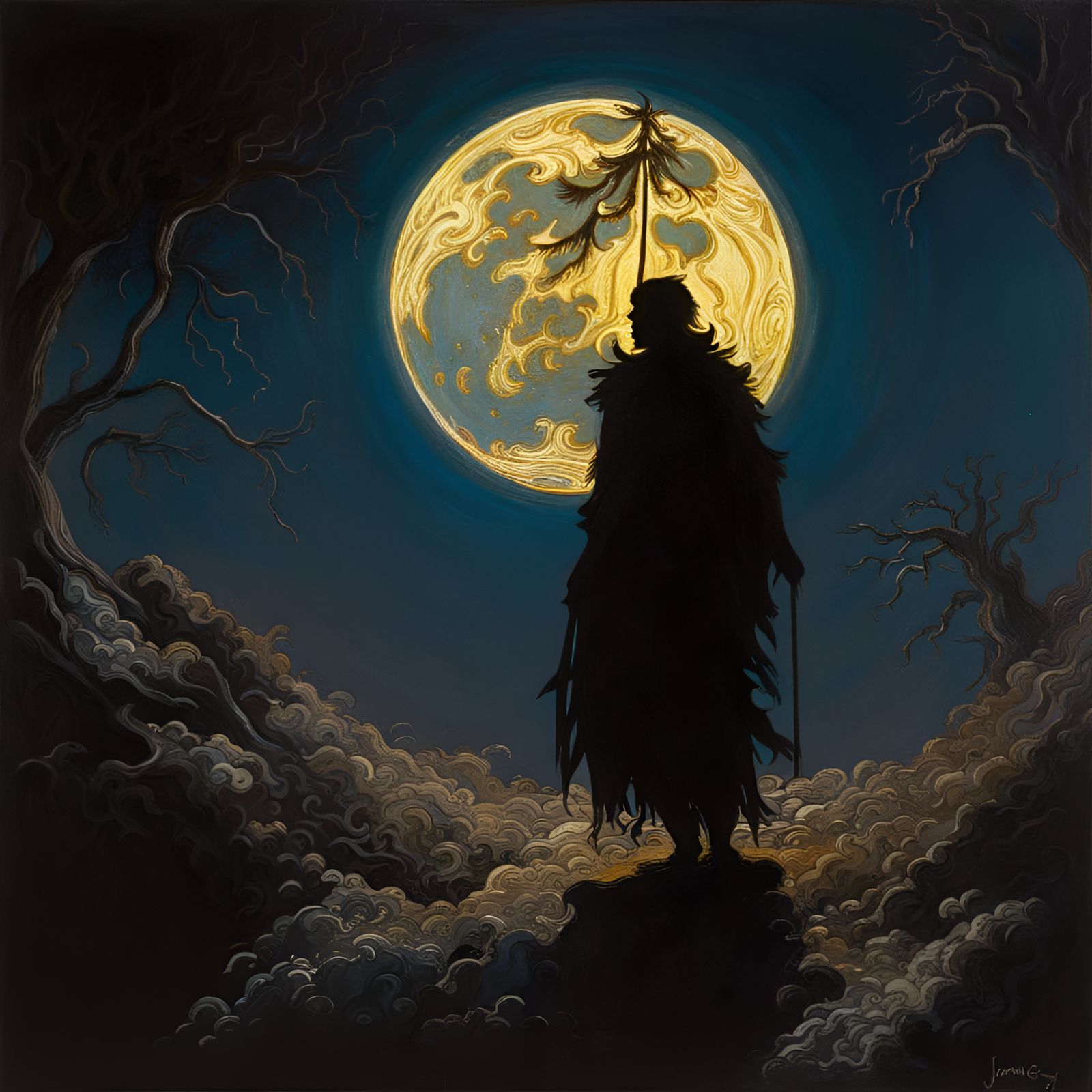 Silhouette Against Moon: Oil Painting
