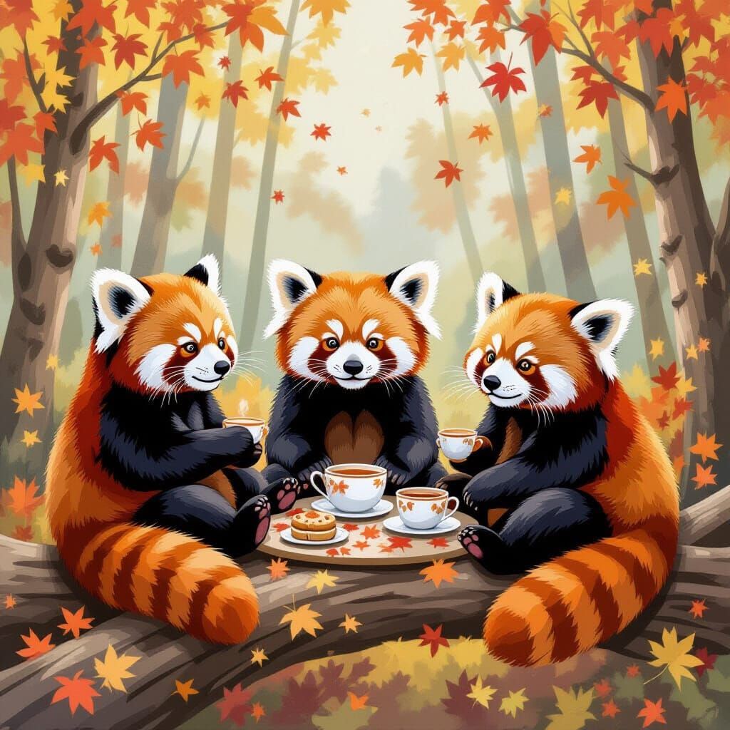 Red Pandas in Autumn Forest Tea Party - Gouache Painting